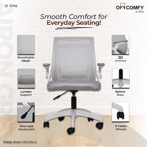 Image of HAVAI Airon Ergonomic Office Chair with Mesh Back | Executive Computer Chair with Reclining & Folding Function | Nylon Armrests | Class 2 Gas Lift | Plywood Base Support | WFH & Office Use (Grey)