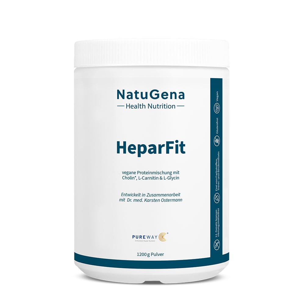 NatuGena HeparFit veganes Proteinpulver, 25 g pflanzliches Protein pro Tagesdosis aus Erbse- & Lupine mit Cholin, L-Carnitin & L-Glycin, essenzielle Aminosäuren, 1200 g (24-Tage Packung)