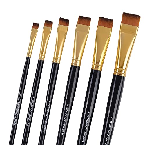 Image of Art Asia Wood Short Hair Flat Synthetic Painting Brush Set of 6pc for Watercolor,Acrylic & One Stroke Painting