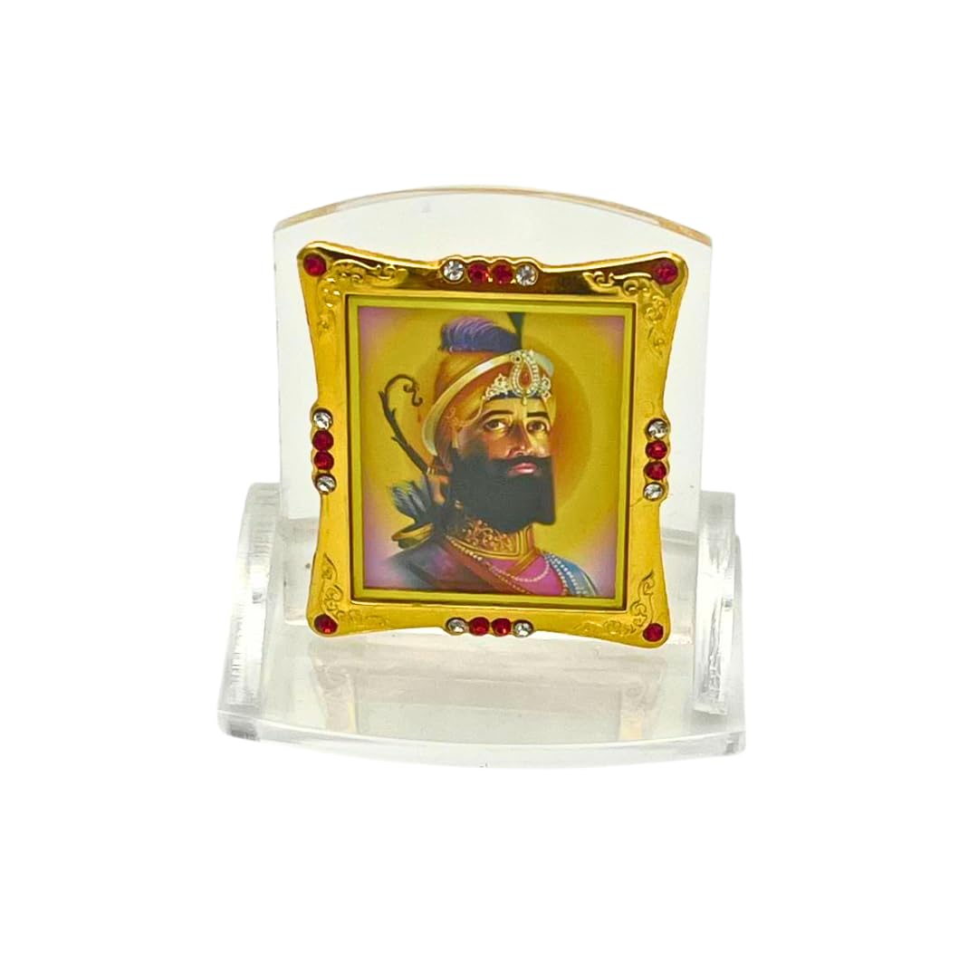 Guru Gobind Singh Ji Photo Frame for Car Dashboard, Mandir, Office Desk, Table – Small Golden Acrylic Sikh God Idol Frame for Home Temple Decor