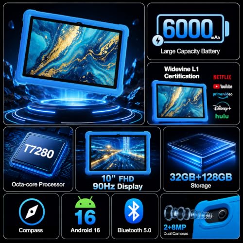 Image of HUIHUANG Tablet 10 Inch Android 16 Tablet, 32GB RAM 128GB ROM, 1TB Expansion, T7280 Octa-Core, Large Capacity Battery, Dual Camera, 5G /2.4G WiFi, Bluetooth 5.0, GPS, Gemini AI, Drop-Proof Case (Blue)