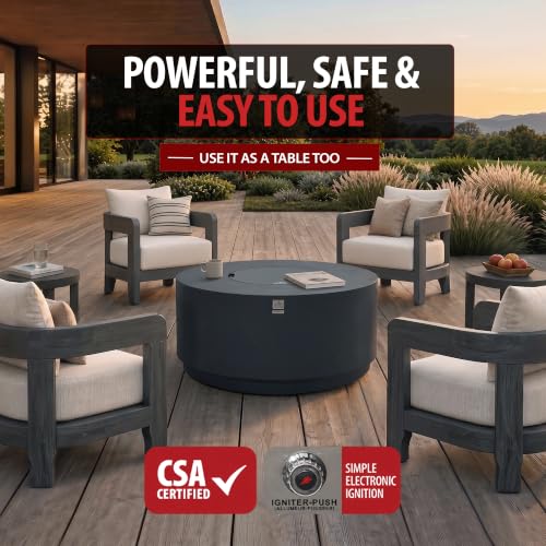 Image of AMS Round Concrete GFRC Propane Gas Fire Pit Table (Dark Gray) | 65000 BTU Patio Table with Tank Storage, Gas Hose, Repair Kit, Water Resistant Canvas Cover & Electronic Ignition