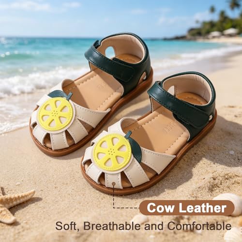 Image of Toddler Girl Sandals with Flower, Breathable Leather kids Closed Toe Sandals, Soft Rubber Non-Slip Summer Shoes for Little Girls 2-7 Years