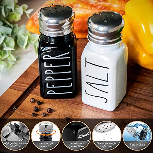Farmhouse Salt And Pepper Shakers Set By Brighter Barns - Cute Modern Farmhouse Kitchen Decor For Home Restaurants Wedding - Gorgeous Vintage Glass Black White Shaker Sets With Stainless Steel Lids #TOP1