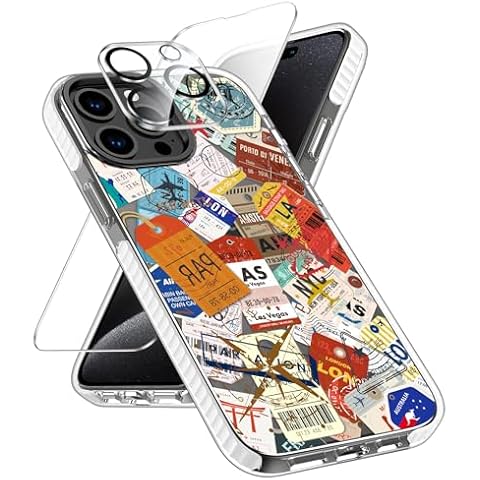 TRFAEE Designed for iPhone 15 Pro Case with Screen Protector & Camera Lens,Clear TPU Shockproof Anti Scratch Protective Bumper Phone Case Cover,Boarding Pass Stickers Travel Label Stamps Cover
