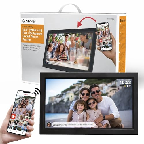 Denver PFF-1503BMK2 Digitaler Wi-Fi Bilderrahmen – 15,6 Zoll Full HD IPS Touchscreen, Integrierte FRAMEO Software, Drahtloses Teilen, Automatische Nachtabschaltung, Schwarz