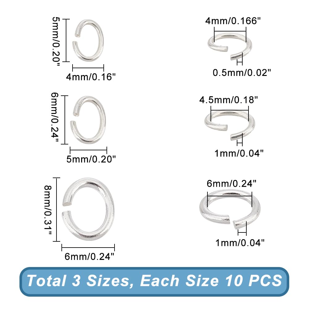 AHANDMAKER 30 Pcs Silver Open Jump Rings, 3 Sizes 925 Sterling Silver Jump Rings, Oval Linking Rings, Jewelry Rings Connectors for Earring Necklace Bracelet Keychain DIY Jewelry Making