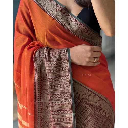 Image of Narayanpet Pure Cotton Avani Border Saree for Women with Running Blouse | Tassels | Traditional Woven Solid Design | Handloom Weave