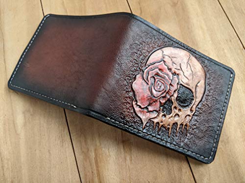 Men's 3D Genuine Leather Wallet, Hand-Carved, Hand-Painted, Leather Carving, Custom wallet, Personalized wallet, Skull, Skeleton, Rose2