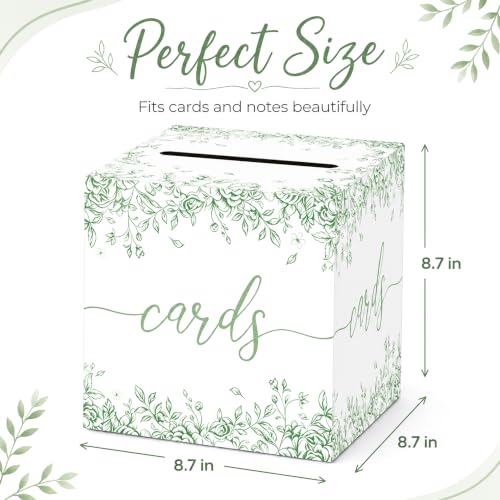 Image of Sage Green Floral Wedding Card Box with Slot for Baby Shower and Birthday | Roomy 8.7 Inch Cube Holds Cards and Envelopes While Keeping Gift Tables Neat at Weddings, Bridal Showers and Garden Parties