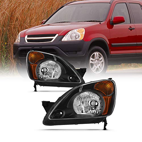 AKKON - For 2002 2003 2004 Honda CR-V Black Housing [w/Amber Corner Lamp] Headlights Driver+Passenger Side Replacement
