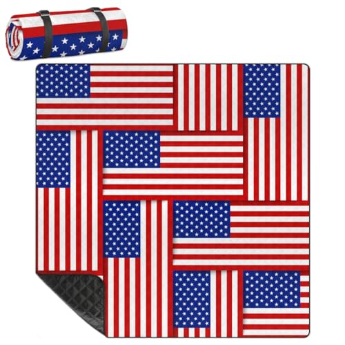 Shimoshe Extra Large Picnic Blankets 79”x 79”, American Flag Patchwork Waterproof Foldable Picnic Mat with Straps Portable Beach Blanket for Camping Park Grass Beach Indoor