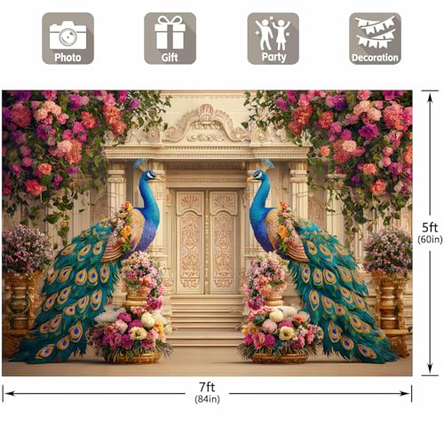 Image of Peacock Floral Palace Backdrop, India Wedding India Ceremony Party Decoration Bridal Shower Photography Decoration Wall Decor Fabric Photography Background 7X5FT