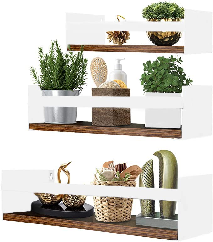 TorcheShine 3 Wall Mounted Floating Shelves Set of 3, Thick Wall Shelf Rack with Iron Bracket for Storage Bathroom Kitchen Bedroom Plant Nursery Books (White)