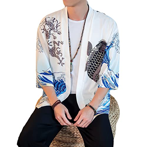 Image of PRIJOUHE Men's Lightweight Kimono Jacket Seven Sleeve Open Front Cardigan Coat Japanese Style Bathrobe