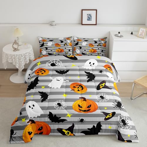 Manfei Halloween Comforter Set Full Size, Ghosts Pumpkin Lantern Bats Spider Bedding Set 3pcs for Kids Boys Bedroom Decor, Grey Stripe Quilt Set Soft Polyester Duvet Set with 2 Pillowcases