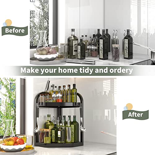 Coorack Spice Rack Organizer With Hooks, 2 Tier Bathroom Countertop, Kitchen Corner Seasoning Shelf, Standing Storage For, , Bedroom (Large), Black-Large #TOP6