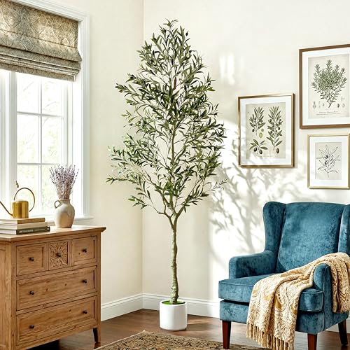 Baccraniate Olive Trees Artificial Indoor 8ft Artificial Olive Tree with White Planter Lifelike Trunk and Fruit Perfect for Home Office Living Room Dcor