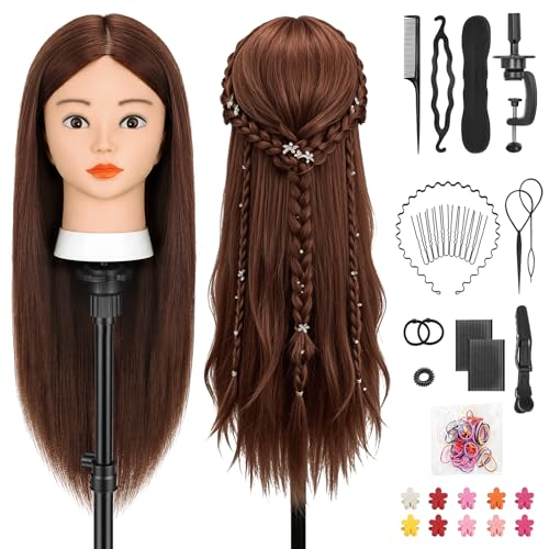 TwoWin 26 pouces Tête Mannequin Coiffure 80% Cheveux Naturels, Tête à coiffer avec Support de pince de Table + Kit Tressage - Idéal pour Salon, École et...