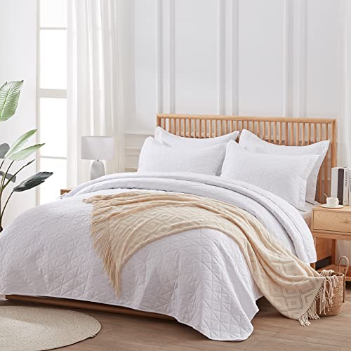 Sunstyle Home Full/Queen Size Quilt White 3 Pieces - Lightweight Summer Quilt Set Full/Queen - Down-Alternative Quilt - Soft Bedspread Coverlet Bedding Set For All Season(1 Quilt, 2 Pillow Shams) #TOP8