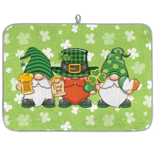 St. Patrick's Day Gnome Dish Drying Mat Washable Drying Mat Dish Pads Absorbent Dish Drainer Mat for Home Dishes Kitchen Counter Sink Dining Table,18 X 24in