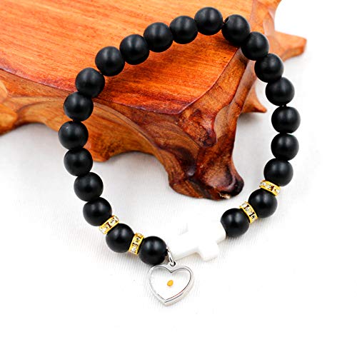 Image of Uloveido Black Agate Side Cross Bracelet Mustard Seed Charms, Personalized Letter A-Z Tiger's Eye Bangle Y944