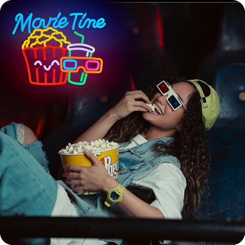 Image of Movie Time Neon Sign Popcorn Cinema LED Light USB Powered Neon for Wall Decor Film Cinema Room Party Man Cave