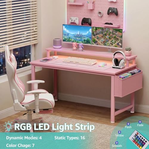 Image of Lufeiya Small Girls Desk with Power Outlets and LED Lights, 32 Inch Gaming Desk Table with Charging Station, Home Office Computer Desks with Monitor, Pink