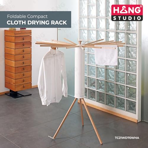 Image of HANG STUDIO Foldable Cloth Dryer Stand Racks Cloth Stands for Drying Clothes Multi Way Folding Rotatable 3.9 Feet Drying Length 16 Drying Heavy Duty Solid Beech Wood Rails, Lightweight (TC21WD70WHA)
