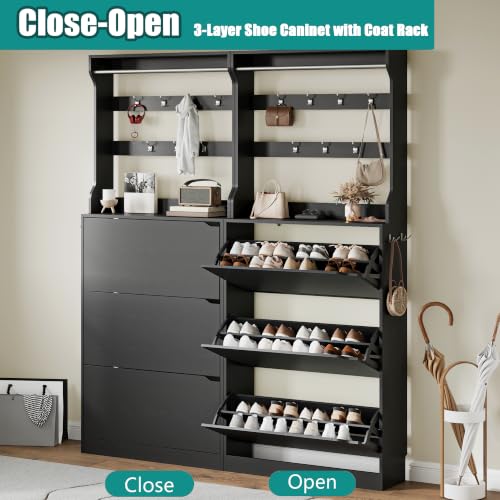 Image of Shoe Cabinet for Entryway with 3 Flip Drawers, Black Tall Shoe Storage Cabinet with Coat Rack, Wood Narrow Slim Hidden Freestanding Shoe Rack Organizer, 2 in 1 Hall Tree for Living Room, Hallway