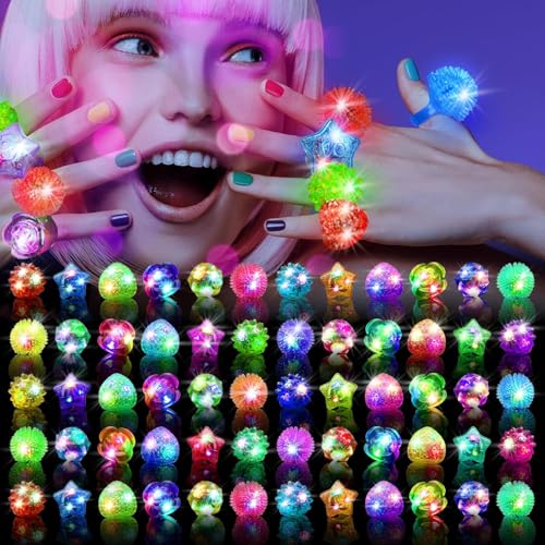 OLUPP Party Favors 100 Pcs Light Up Rings Glow In The Dark Party Supplies 6 Style Flashing Glow In The Dark Rings for Adults & Kids LED Ring for Birthday Concert Raves Halloween Christmas