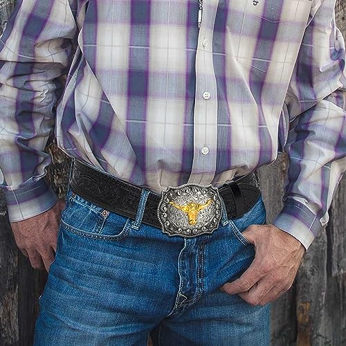 Genuine Leather belts for Men, Western Cowboy Belt, Bull Buckle, Vintage Floral Engraved, 25 to 38" waist4