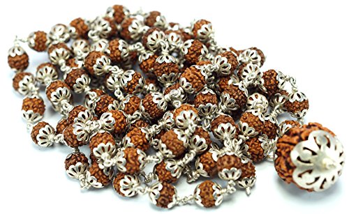 SS Gems And Rudraksha Wood Silver Caps Beads Rudraksha Mala (Brown)