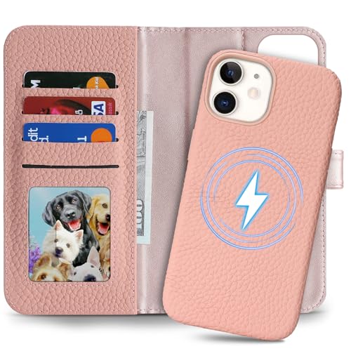 Image of Detachable Genuine Leather Case for iPhone 12 /12 Pro Wallet Case Magnetic 2in1 Removable Flip Cover Book Purse Compatible with Magsafe Charging Kickstand Card Holder-Pink
