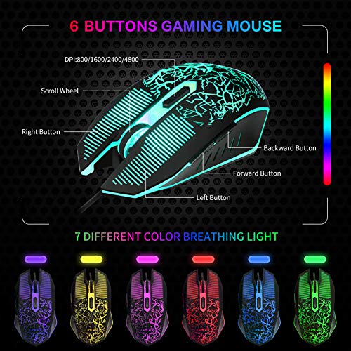 CHONCHOW Gaming Keyboard Mouse and Gaming Headset and Mouse Pad Combo, Rainbow LED Backlit USB Wired, All in 1 PC Gamer Bundle for PC, Tablet, Mobile Phones