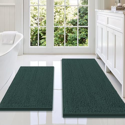Image of Smiry Bathroom Rugs Sets 2 Piece, Soft Absorbent Chenille Machine Washable Non Slip Shaggy Bath Rug Set for Tub, Shower, and Floor (47x20+30x20, Green)
