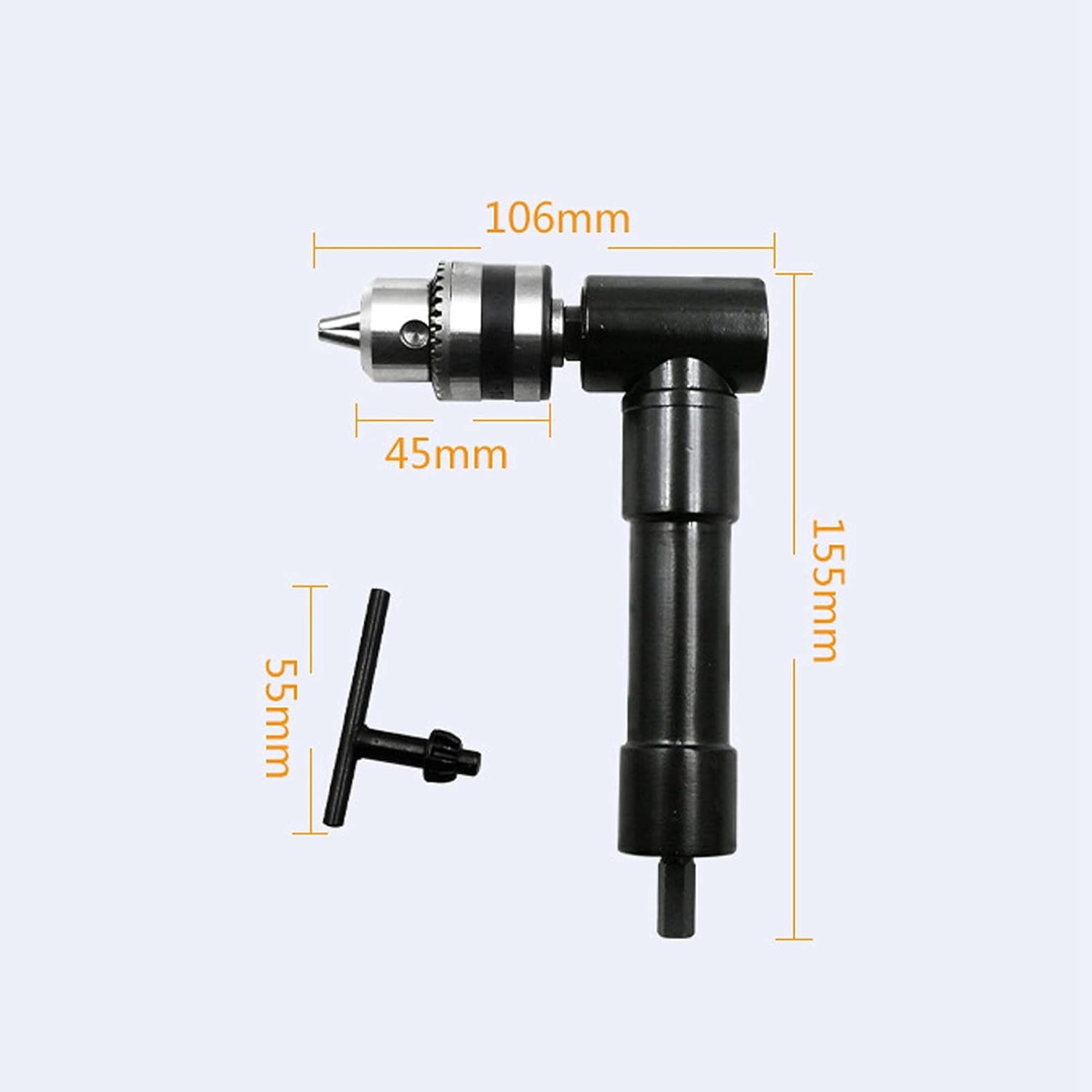 Right Angle Drill Attachment, 90 Degree Drill Adapter Extension, Black Plastic and Aluminum Alloy - Keyless Chuck, Adjustable Clamping, Ideal for Tight Spaces and Electric Drills