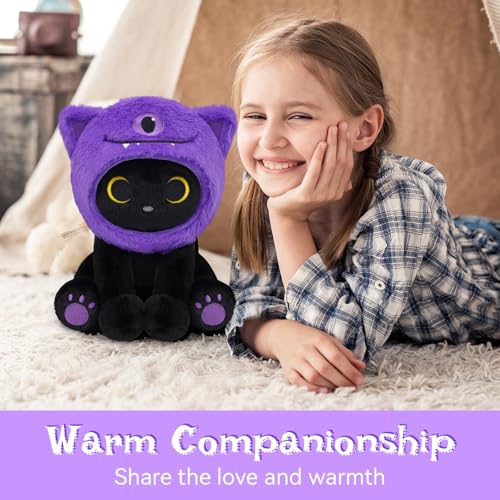 Image of Black Cat Plush Toy, 8inch Cute Stuffed Cat with Purple One-Eyed Monster Removable Hood, Soft Toy Monster Kitten Plushie Kawaii Christmas Brithday Gifts for Girls Boys