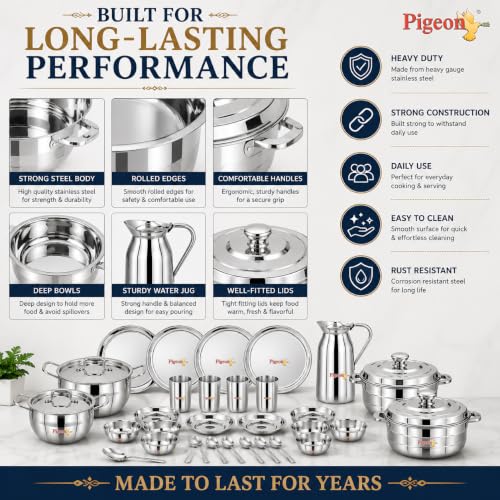 Image of Pigeon Stainless Steel Sparkle Dinner Set 35pcs|Heavy-Duty & Rust-Proo,|Food-Grade, BPA-Free, Elegant & Durable Tableware,Ideal for Home, Kitchen & Dining,Dishwasher Safe,Deal for Gifiting Purpose