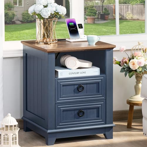 Joaxswe 18" Farmhouse Night Stand with Charging Station, 2 Drawers End Table Dresser for Bedroom, Blue Wooden Nightstand, Bed Side Table with Open Shelf, Bedside Cabinet for Living Room, Closet