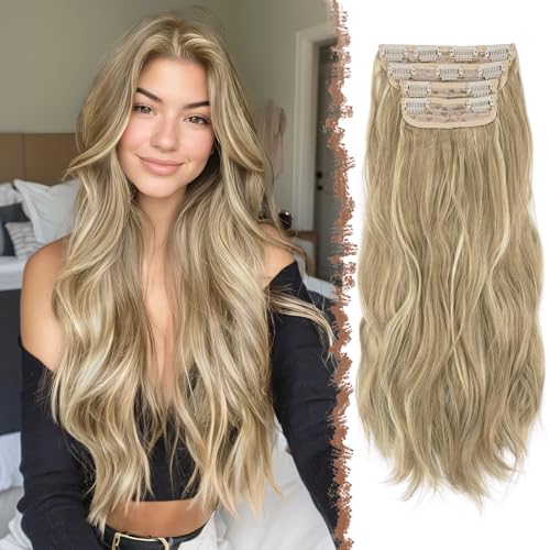 FESHFEN Extensiones de Cabello para Mujer   4 Piezas 50 cm Largo Ondulado Rizado Natural Sintética Extensiones de Clip de Pelo, Rubio Caramelo & Rubio Beige