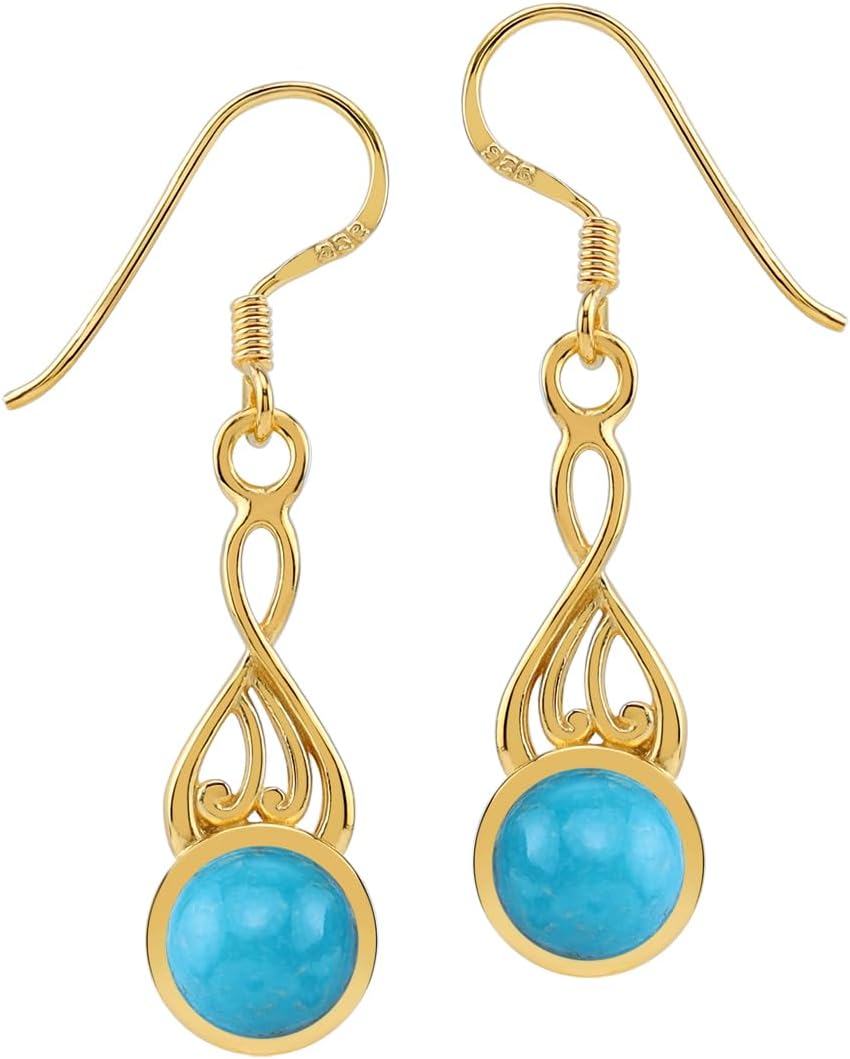 Silvershake 7MM Round Shape Cabochon Gemstone White Gold Plated or Yellow Gold Plated 925 Sterling Silver Victorian Swirl Style Dangle Hook Earrings Jewelry for Women