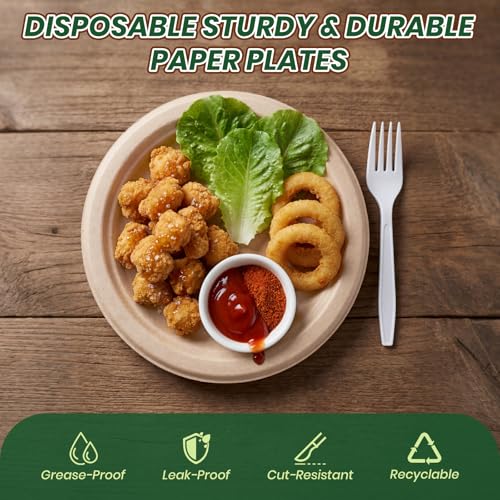 Image of 6 Inch Disposable Paper Plates 50 Pack, Heavy Duty Bagasse Plate | Eco Friendly Bagasse Plates with Strong Durability, Leak Resistance, Microwave Safety for Desserts,Meals,Parties,Picnics