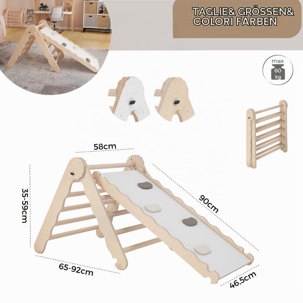 MAMOI® Triangolo con Scivolo in Legno Naturale per Bambini, Parete Arco Arrampicata per Uso Interno, Percorso Montessori a Partire da 1/2/3 Anni