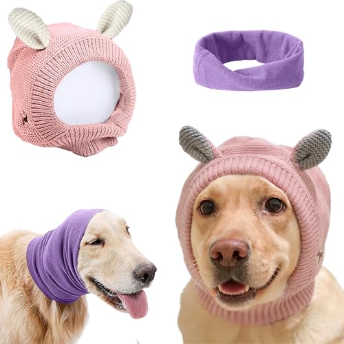 Image of Quiet Ears for Dogs Anxiety Barking Dog Ear Covers Muffs Snood for Noise | 2PCS Ear Hearing Earmuffs Fireworks Protection Anti Anxiety Dog Hat Large Dog (Purple & Grey)