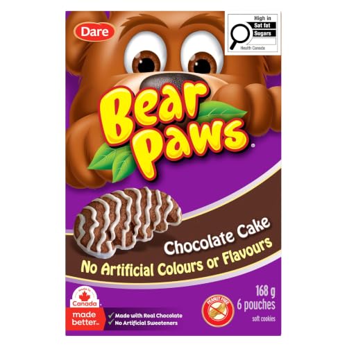 Bear Paws Chocolate Cake Cookies - Soft Cookie Snack Packs, School Snacks, Made With Real Chocolate, Proudly Canadian Company, Peanut Free, 168g, 6 Pouches