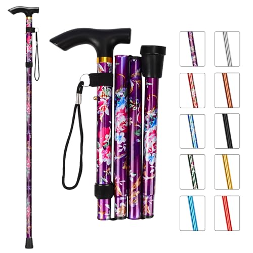 Image of MFE Folding Cane, Portable 5-Level Adjustable Height Walking Stick with Foldable Design, Wrist Strap, and T Handle for Men and Women, Purple Floral