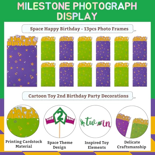 Two Infinity and Beyond Photo Banner for Boy 2nd Birthday Party Decorations Cartoon Inspiration Story‘s Happy Birthday Picture Banner for 2 Years Old Party Supplies Space Theme Monthly Milestone Garland Banner