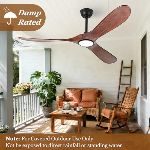 Image of Ceiling Fan with Light and Remote Modern Outdoor Ceiling Fans with Lights for Indoor Bedroom Living Room Patios Gazebo Wood 3 Blade Propeller High CFM Wet Rated Exterior Fan Dark Walnut 60 Inch