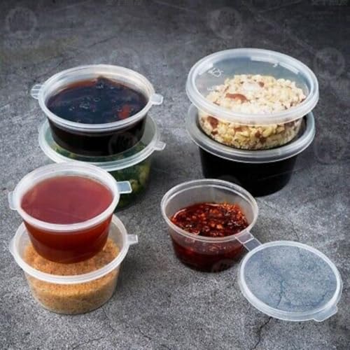 HOT BARGAINS 100 Pack 4oz/120ml Hinged Sauce Pots Clear Round Reusable Plastic Containers with Lids